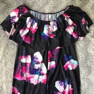 Jumpsuit: Off the shoulder, slim leg, floral print